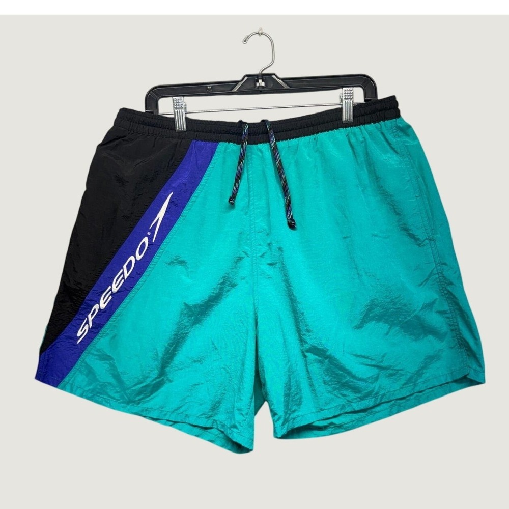 Speedo Swim Trunks Mens XL Teal Purple Black 90s Vintage Colorblock Nylon Shorts